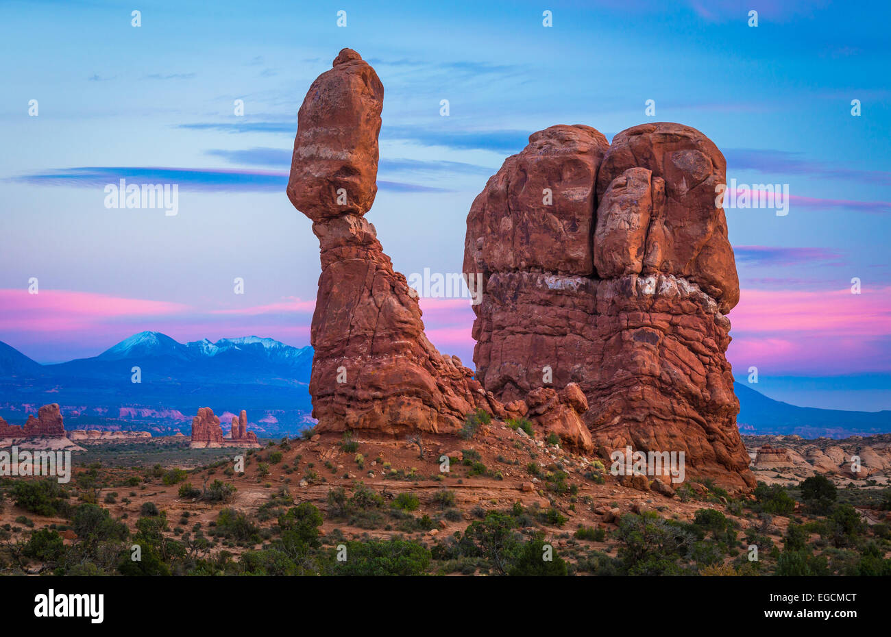 Balanced Rock is one of the most popular features of Arches National Park, situated in Grand County, Utah, United States. Stock Photo