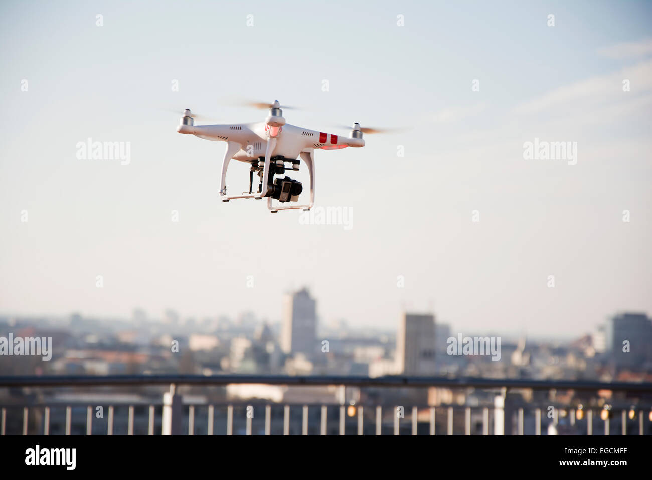 Drone preparing to fly over the city Stock Photo