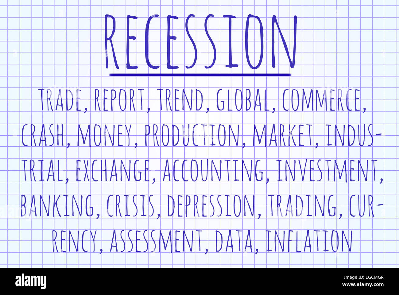 Recession word cloud written on a piece of paper Stock Photo