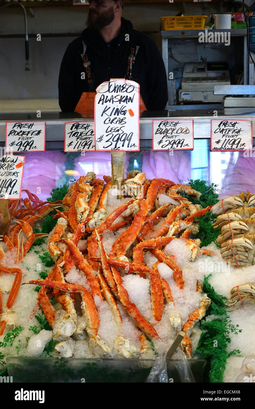 Signs at a seafood stall in Pike Place Market in February, 2015. Stock Photo
