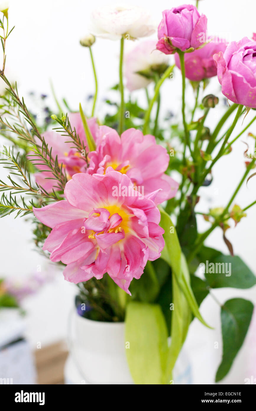Amazing rose tulips bouquet in vase Stock Photo