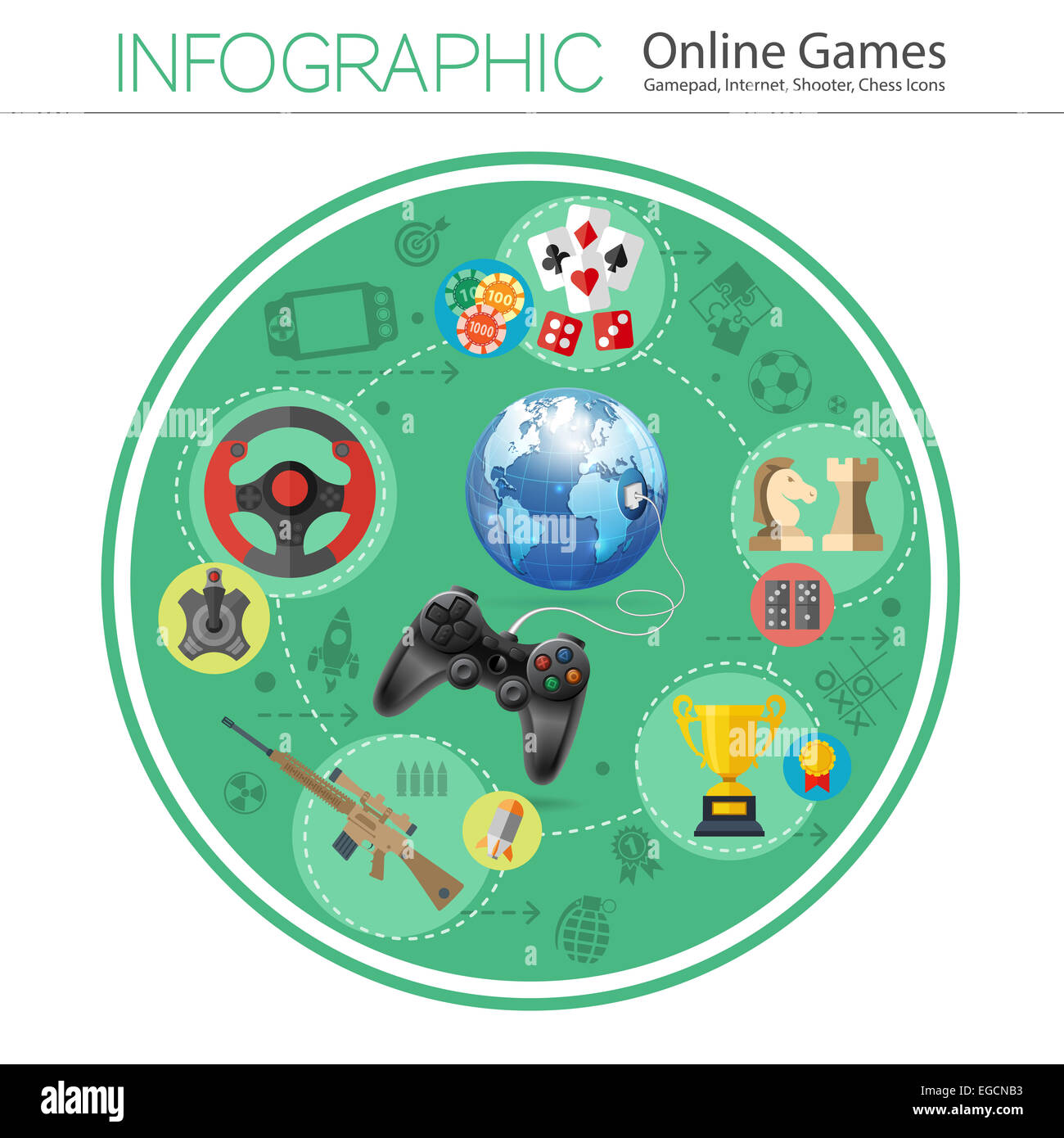 Online Games Infographics Concept in Realistic 3D and Flat Style with Gamepad, Earth and Award Icons. illustration isolated on w Stock Photo