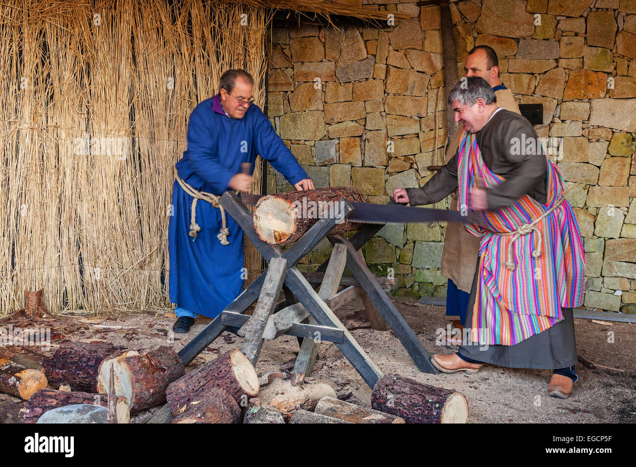 Priscos, Portugal. Largest living Nativity Scene in Europe. Representation of a Sawmill by locals. Please read the “More Information” field. Stock Photo