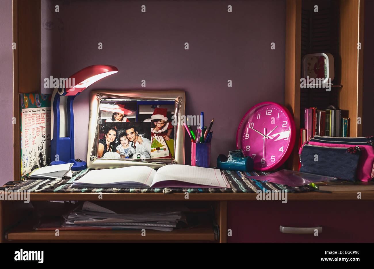 Table of a child, place in kid's room for doing school homework and learning. Stock Photo
