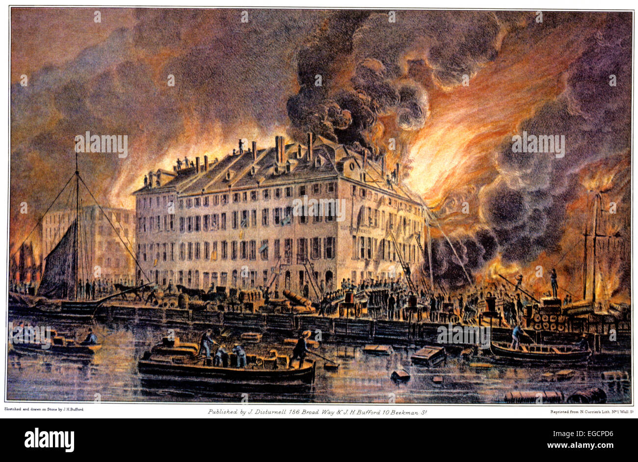 CURRIER AND IVES LITHOGRAPH 1872 GREAT FIRE AT BOSTON BY H.J. BUFFORD CITY ON FIRE Stock Photo