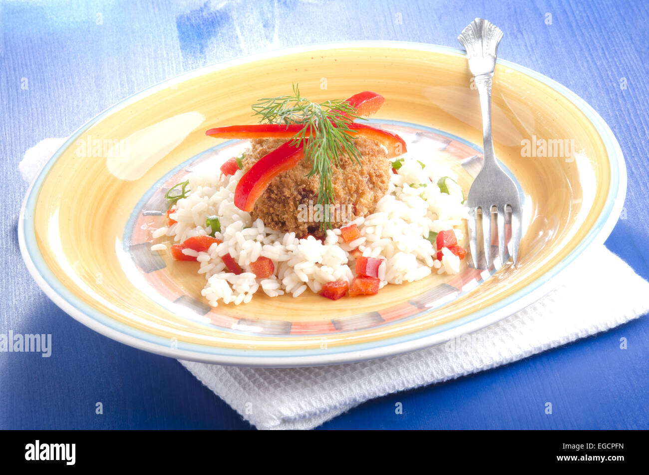 fish cake and dill on rice with red bell pepper Stock Photo - Alamy