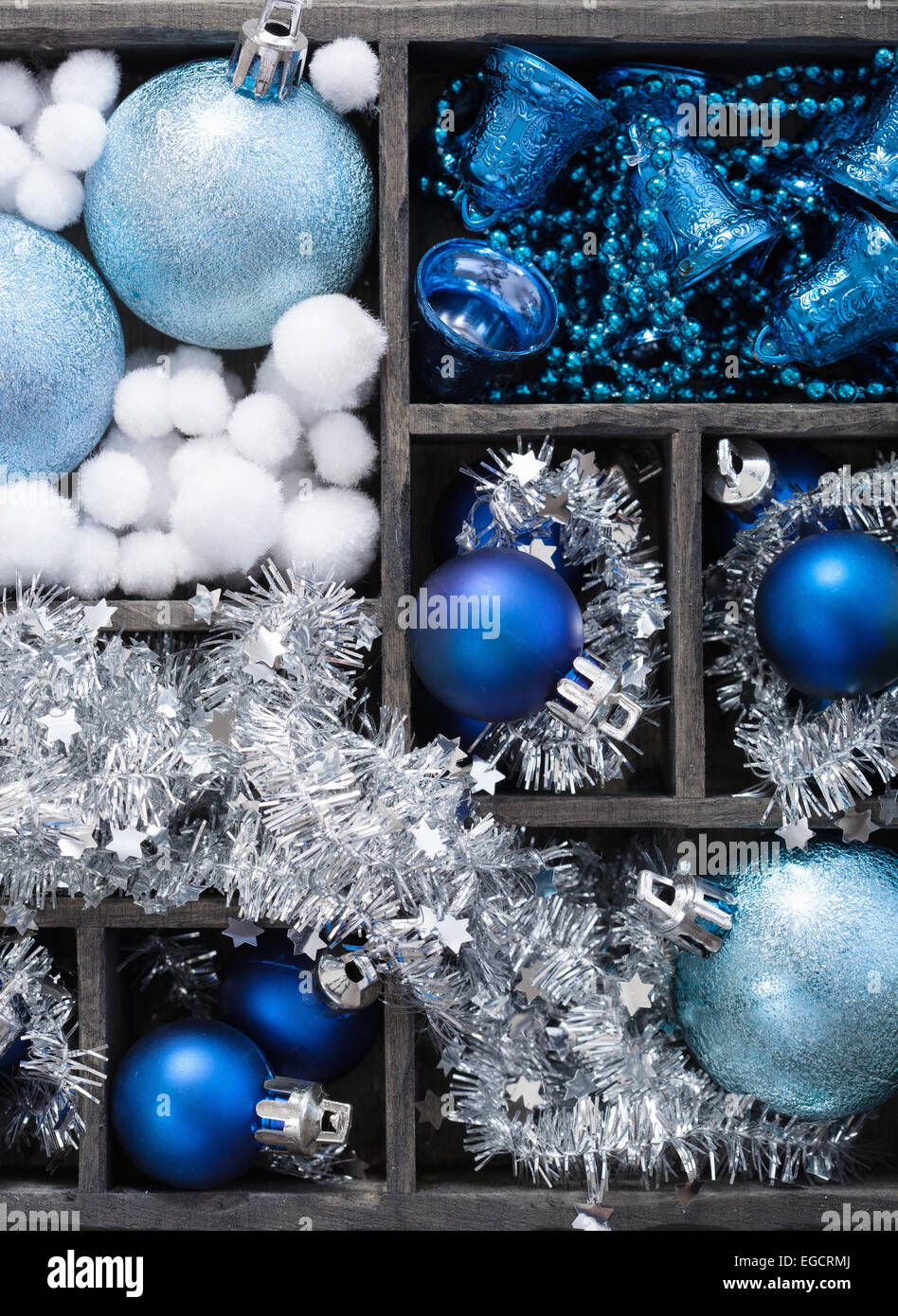black box full of christmas decoration Stock Photo