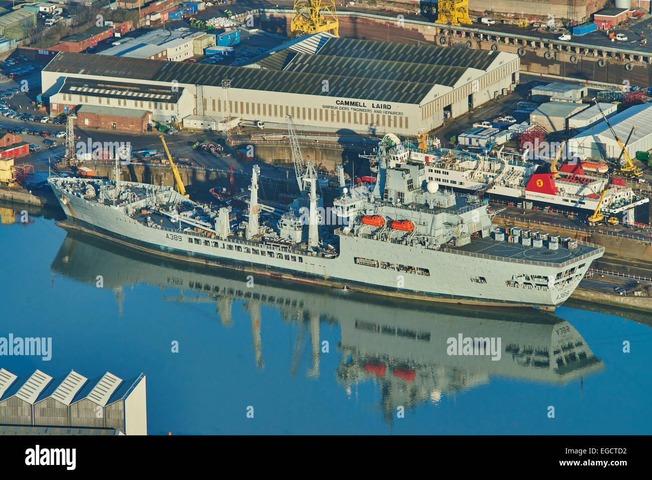 An aerial view of RFA Wave Knight, a fleet tanker of the Royal Fleet Auxiliary, in dock at Birkenhead Stock Photo