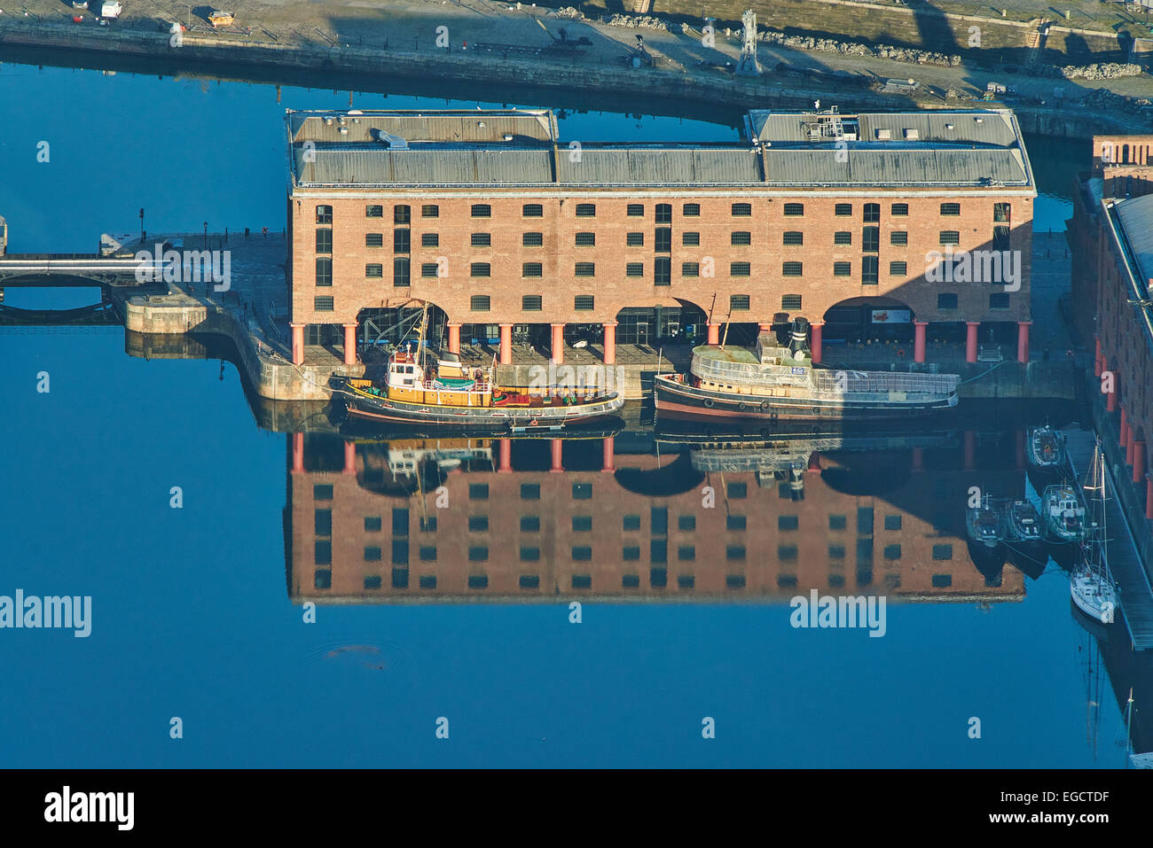 An aerial view of a former dockside warehouse in the Albert Dock area of Liverpool Stock Photo