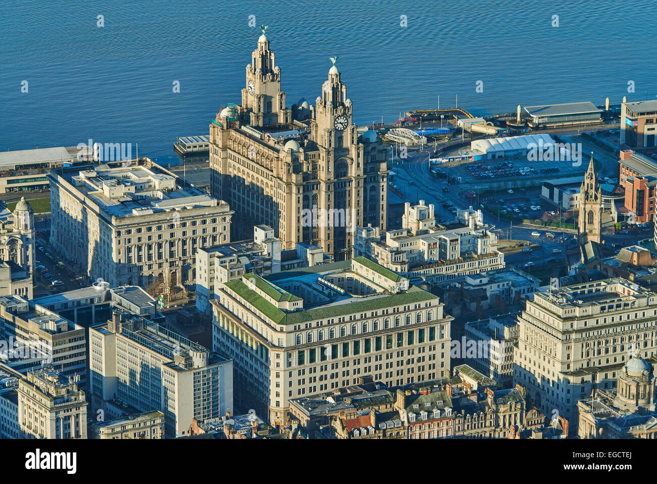 An aerial view of the Royal Liver Building in Liverpool. Completed in 1911 and former home of the Royal Liver Assurance Group Stock Photo