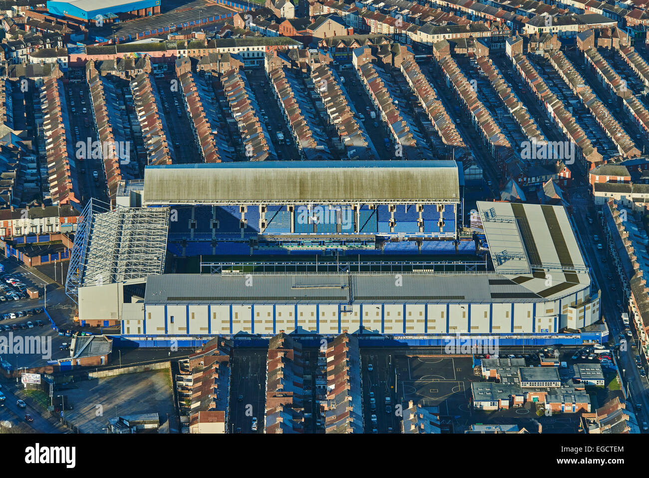 An aerial view of Goodison Park and surrounding housing Stock Photo