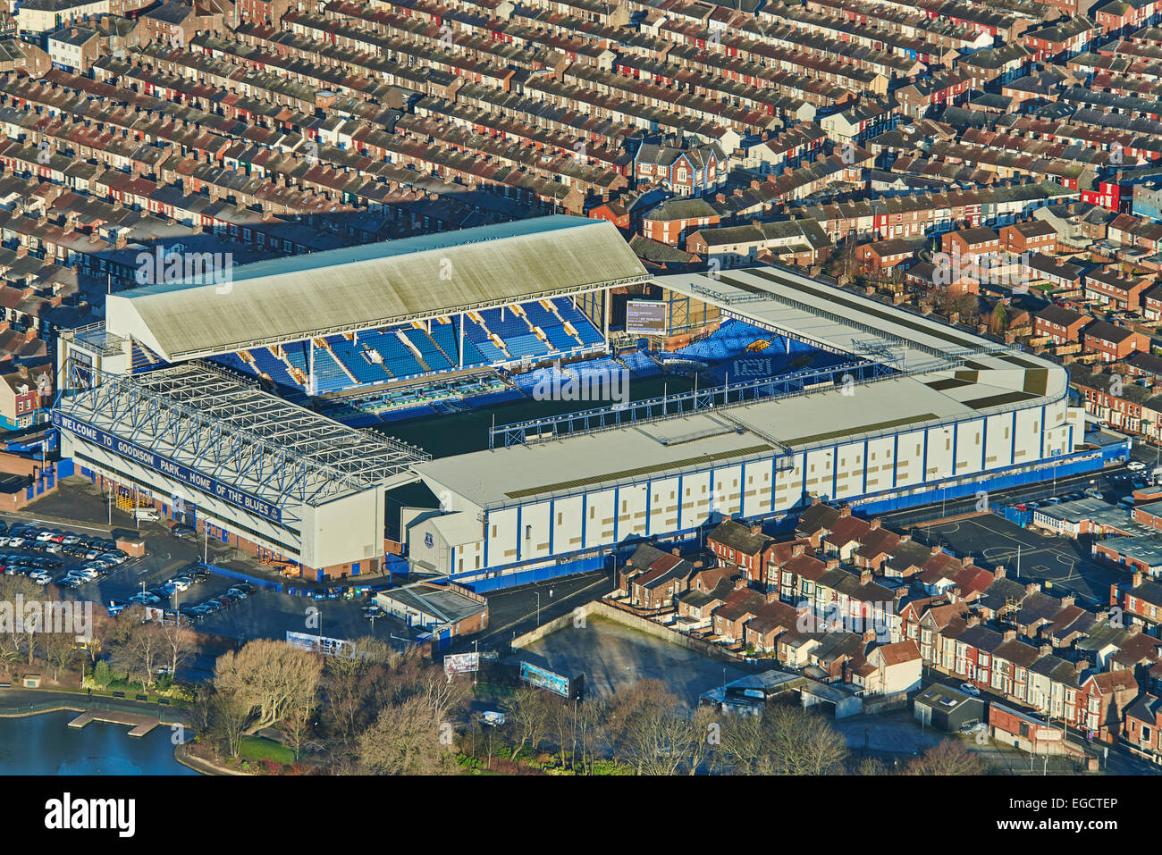 An aerial view of Goodison Park and surrounding housing Stock Photo