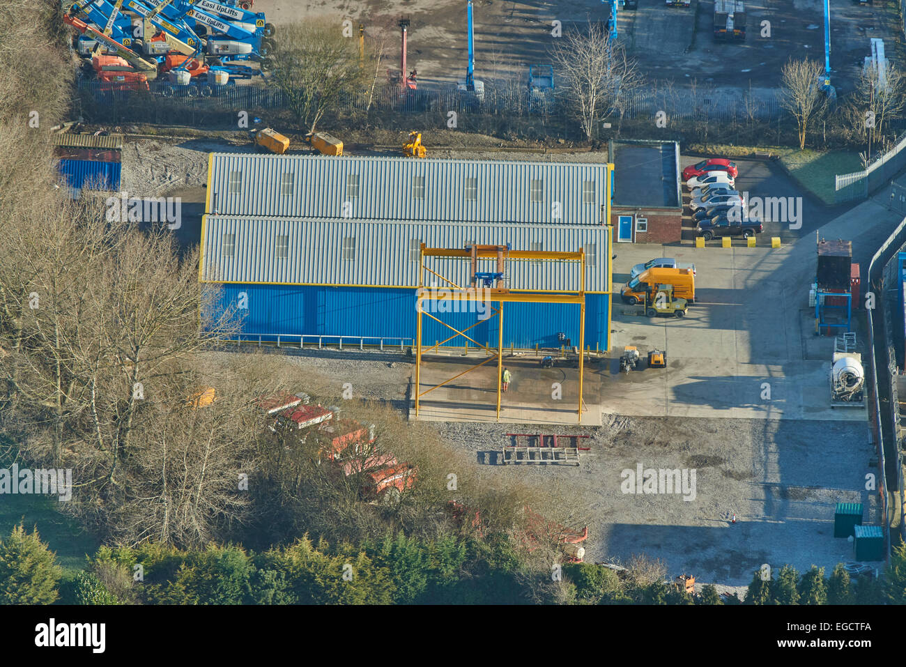 An aerial view of some light industrial units in Tyldesley, Wigan, Greater Manchester Stock Photo