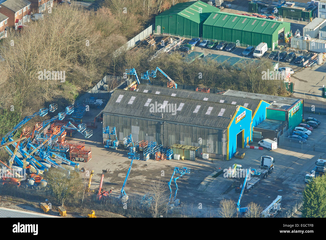 An aerial view of some light industrial units in Tyldesley, Wigan, Greater Manchester Stock Photo