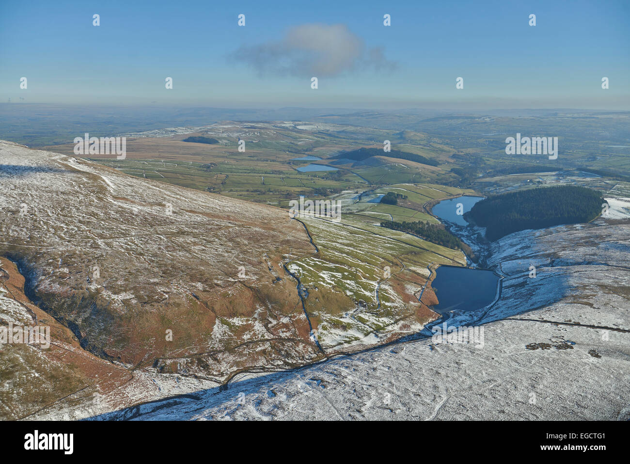 Aerial photograph of Ogden Clough, Ogden Reservoirs and Fell Wood. Stock Photo