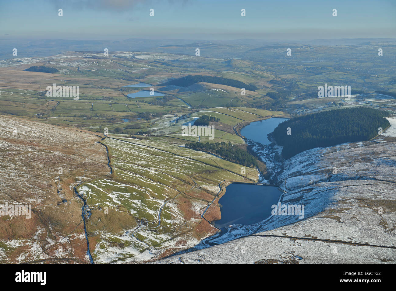Aerial photograph of Ogden Reservoirs and Fell Wood. Stock Photo