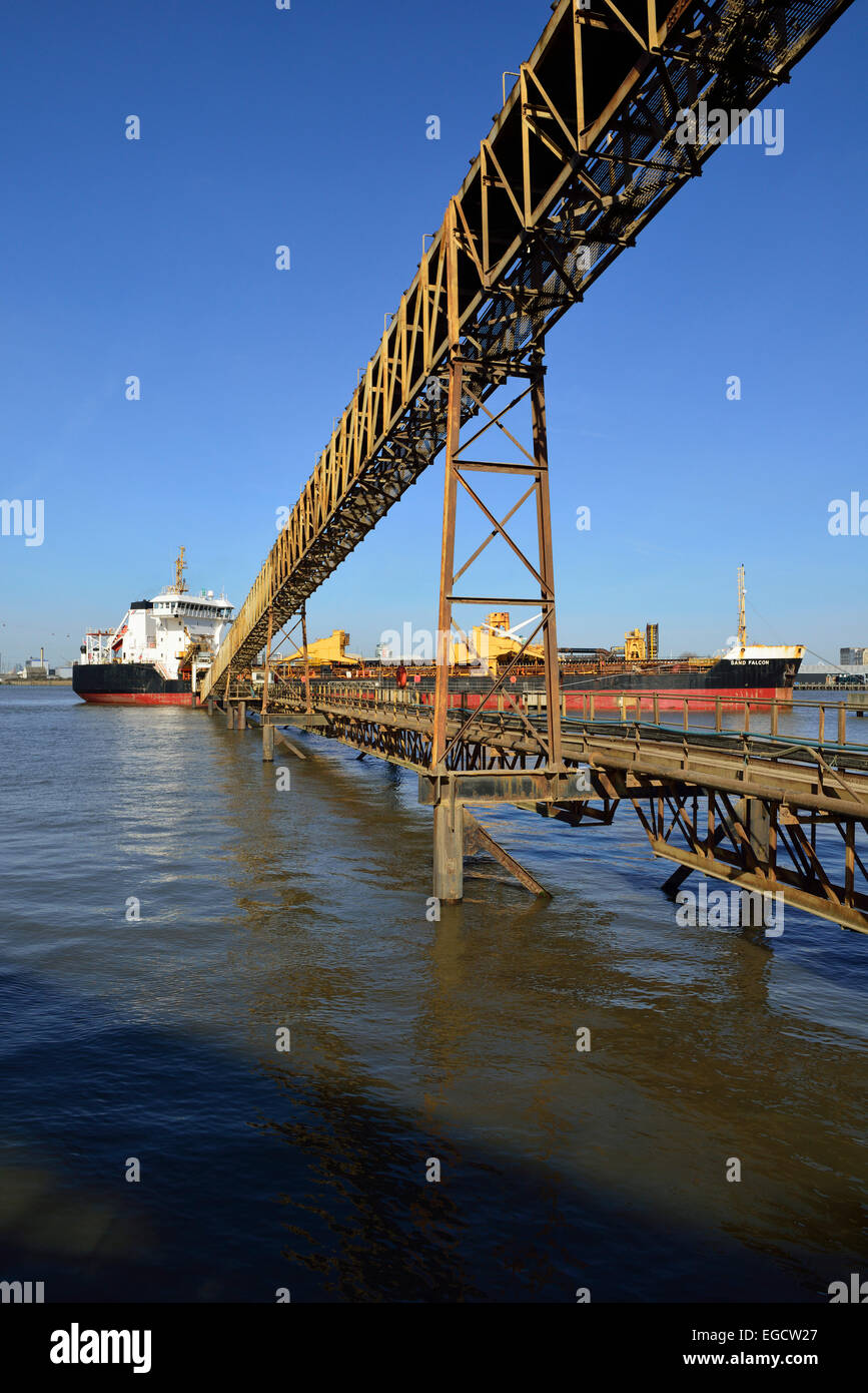 Sand Falcon Cargo ship loading, Thames River, London, United Kingdom Stock Photo