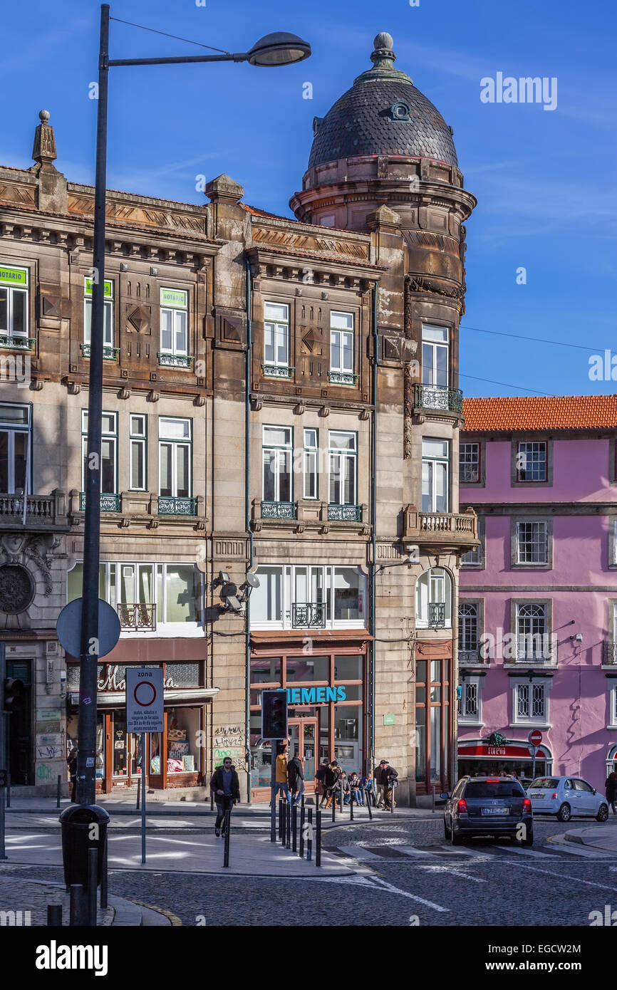 Porto, Portugal. Typical 19th century monumental stone building, located on the Carmelitas Street in the Porto downtown. Stock Photo