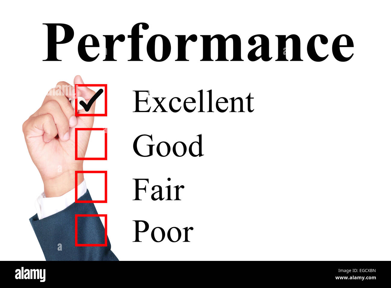 Performance evaluation form tick excellent by businessman Stock Photo