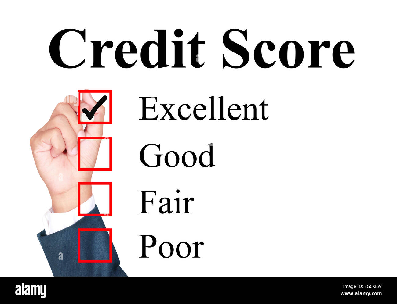 Credit score evaluation form tick excellent by businessman Stock Photo