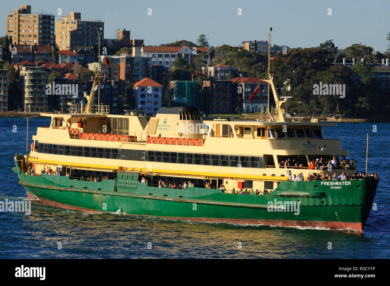 Manly Ferry arriving at Circular Quay after its journey across Sydney Harbour from the suburb of Manly. Stock Photo