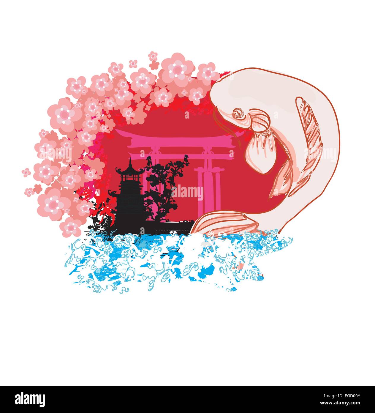 japanese koi and ancient building background Stock Vector