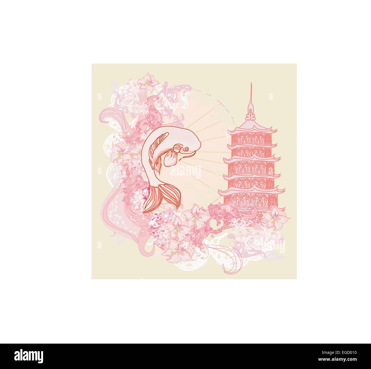 japanese koi and ancient building background Stock Vector