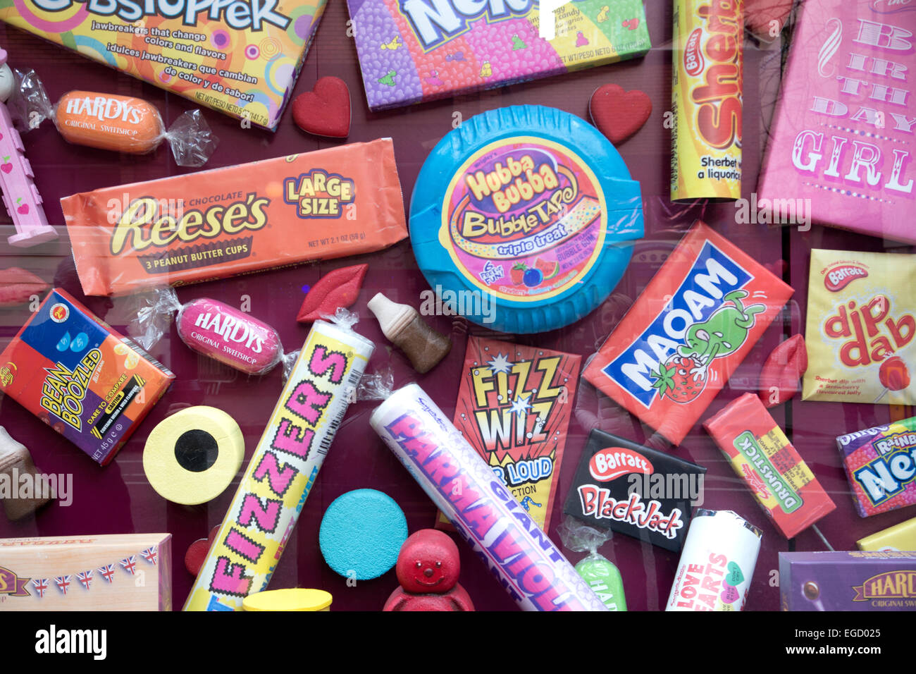 Selection of candy sweets in a shop window, UK Stock Photo