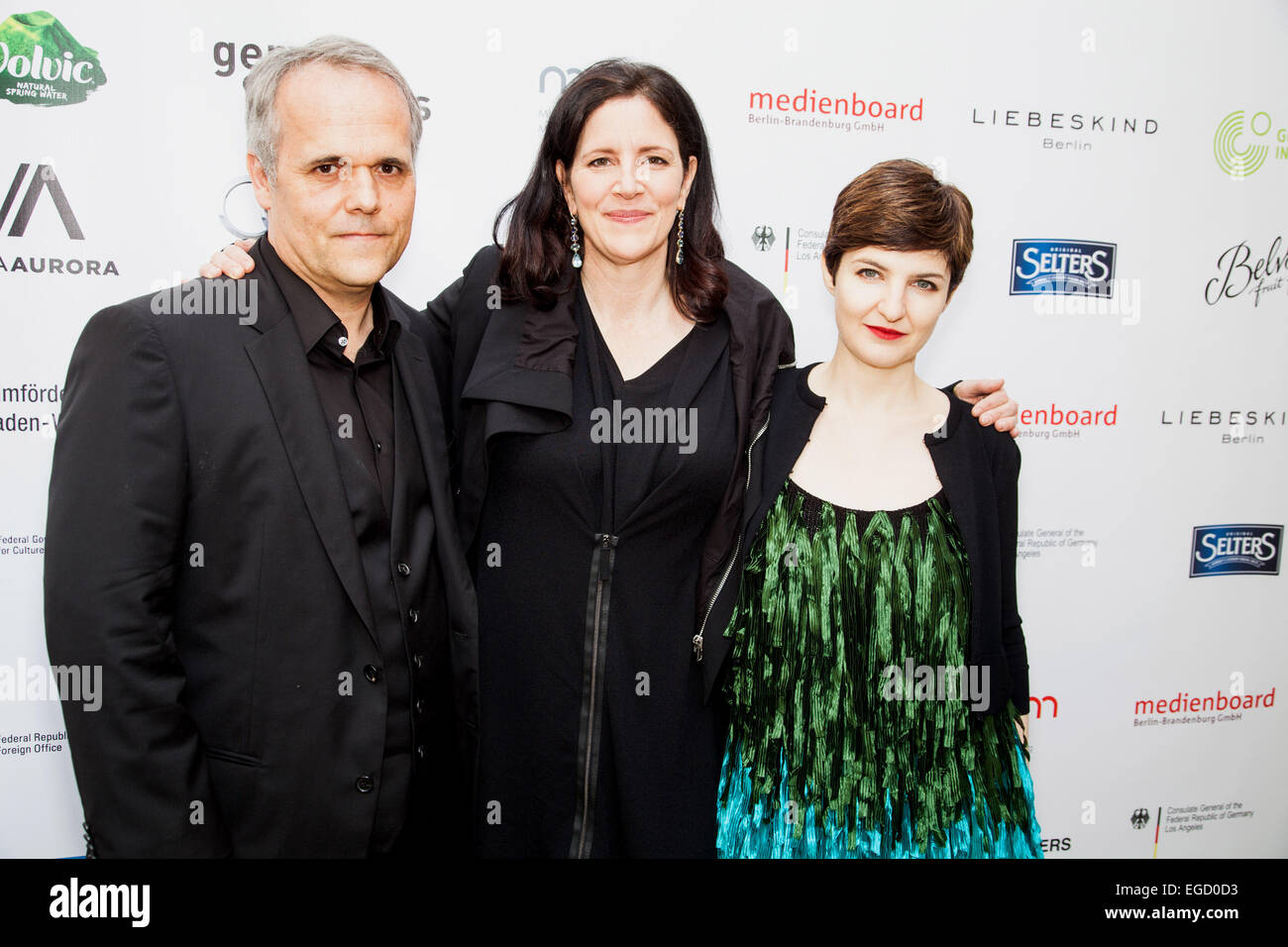 Dirk Wilutzky, Laura Poitras and Mathilde Bonnefoy at the German Films and the Consulate General of the Federal Republic Of Germany's German Oscar nominees reception held at Villa Aurora in Pacific Palisades on February 21, 2015. Credit: Flaminia Fanale/Lumeimages.com Stock Photo