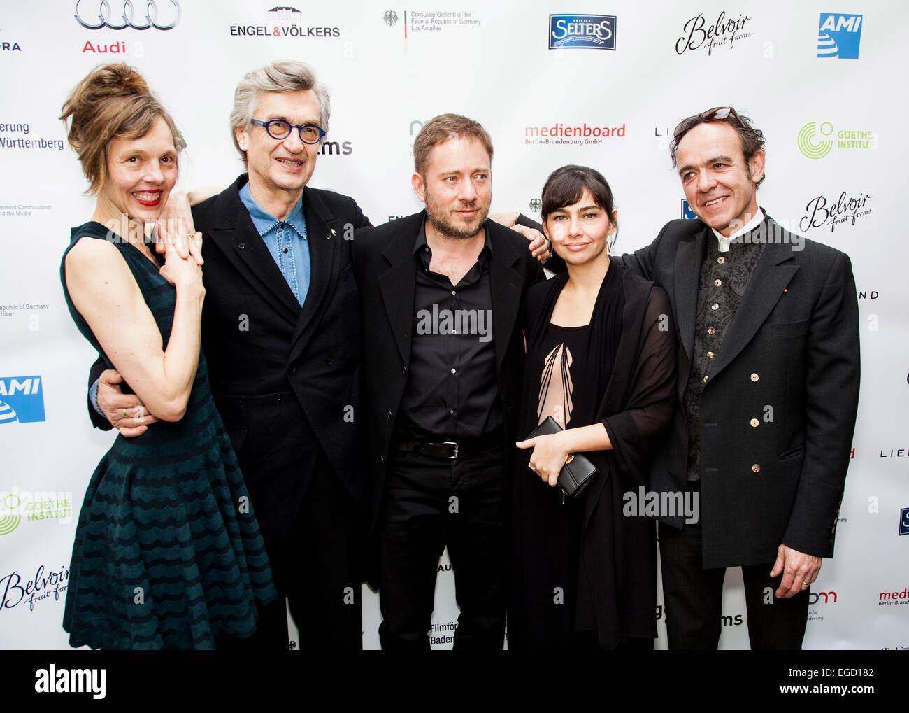 Juliano Ribeiro Salgado, Ivi Roberg, Laurent Petitgand, Wim Wenders, Donata Wenders and Juliano Salgado at the German Films and the Consulate General of the Federal Republic Of Germany's German Oscar nominees reception held at Villa Aurora in Pacific Palisades on February 21, 2015. Credit: Flaminia Fanale/Lumeimages.com Stock Photo