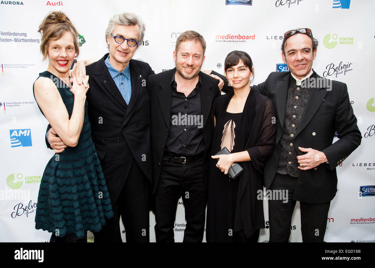 Juliano Ribeiro Salgado, Ivi Roberg, Laurent Petitgand, Wim Wenders and Donata Wenders at the German Films and the Consulate General of the Federal Republic Of Germany's German Oscar nominees reception held at Villa Aurora in Pacific Palisades on February 21, 2015. Credit: Flaminia Fanale/Lumeimages.com Stock Photo