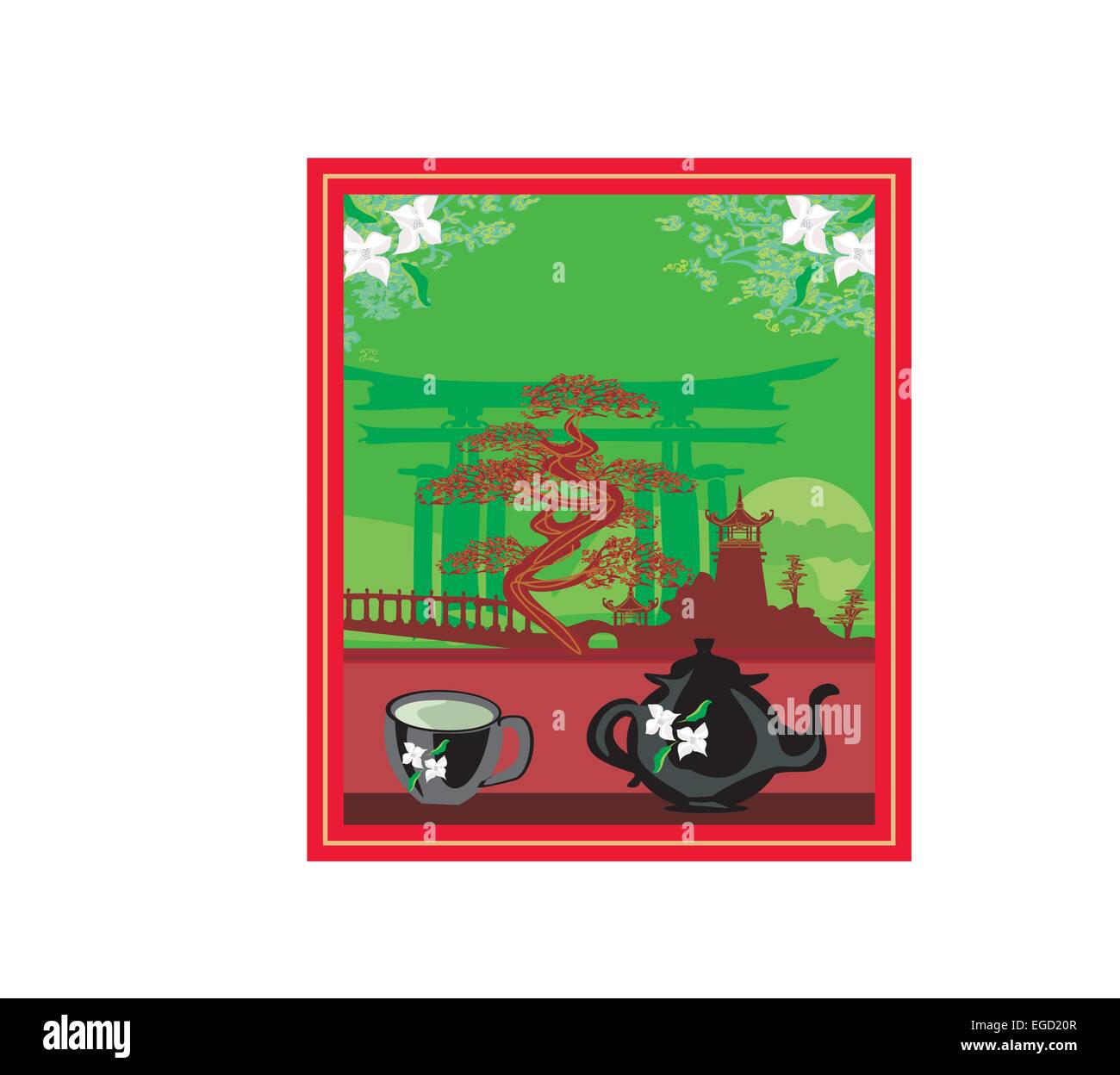 banner with a kettle, the scenery and the Chinese character Tea Stock