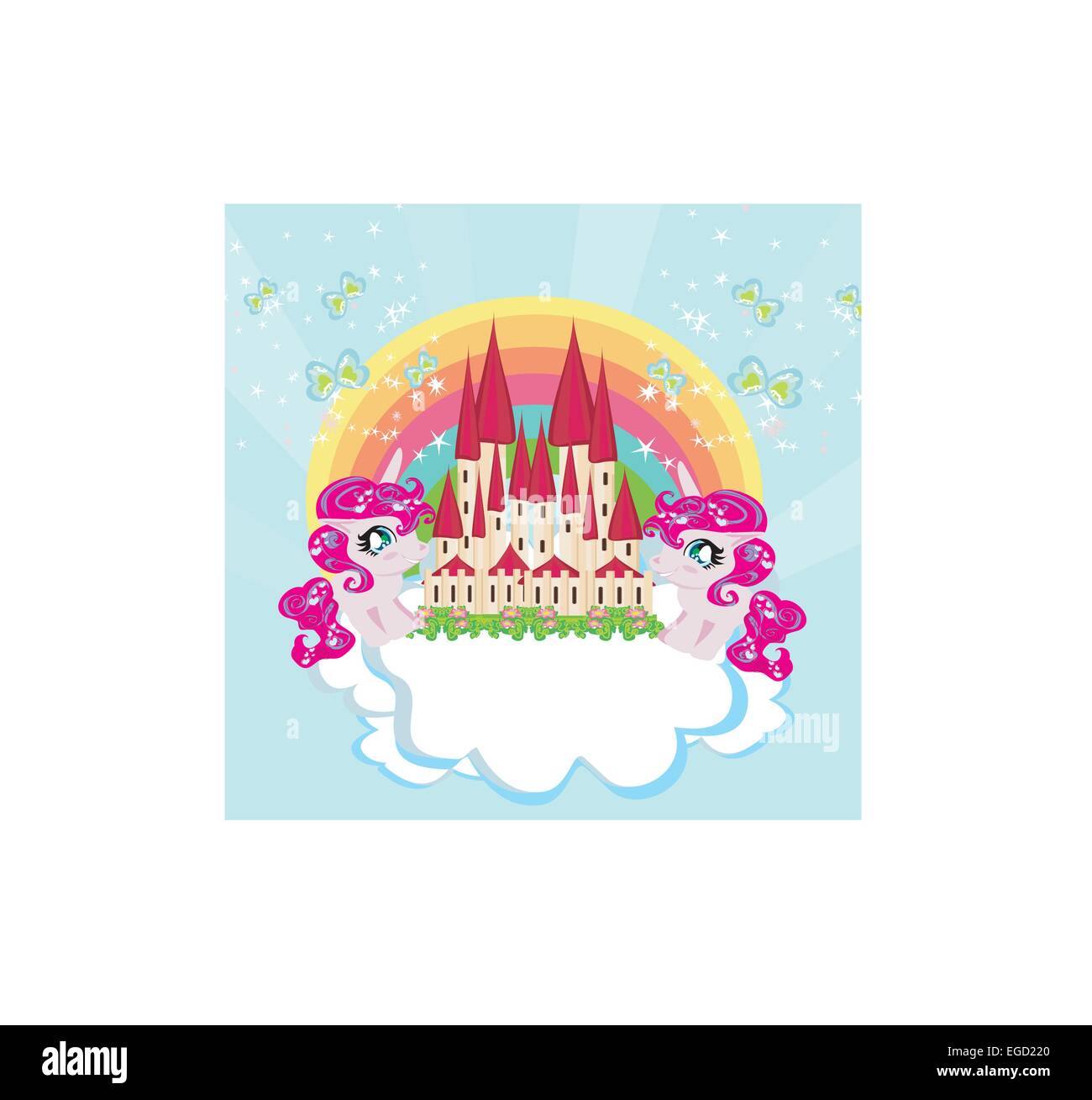 Card with a cute unicorns rainbow and fairy-tale princess castle Stock ...