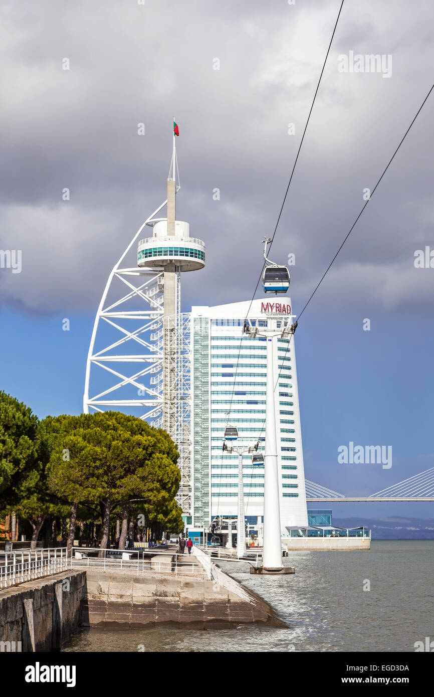 Vasco da Gama Tower, the Myriad Hotel, the aerial tramway and the Vasco da Gama Bridge in the Park of Nations. Lisbon, Portugal. Stock Photo