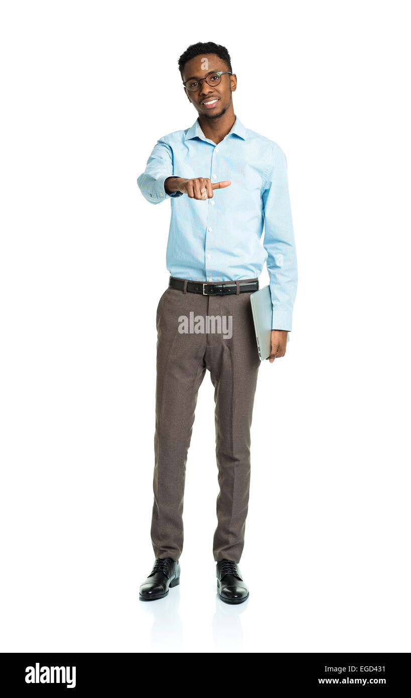 Happy african american college student with laptop and finger up  standing on white background Stock Photo