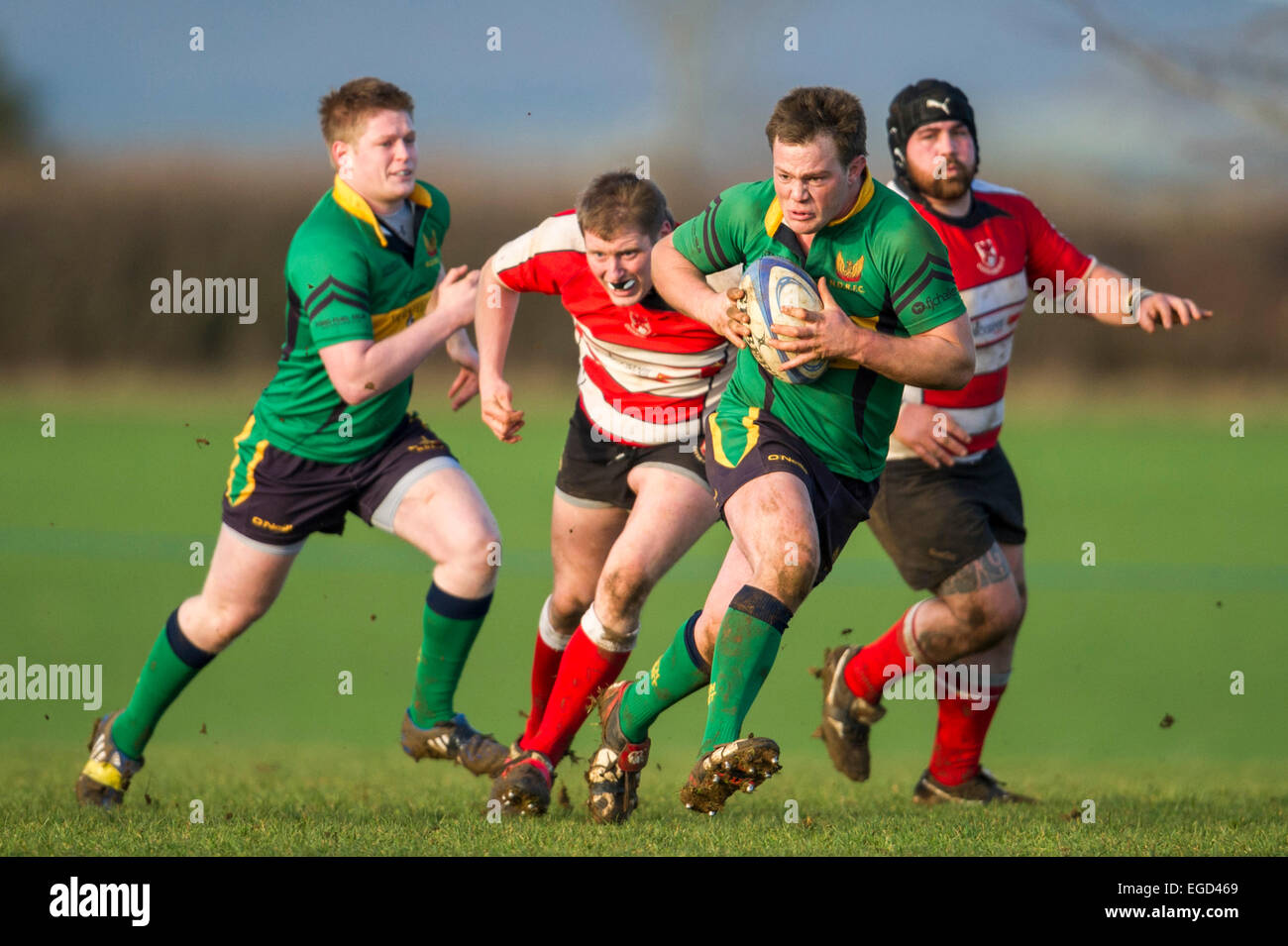 Rugby player in action running with the ball. Stock Photo