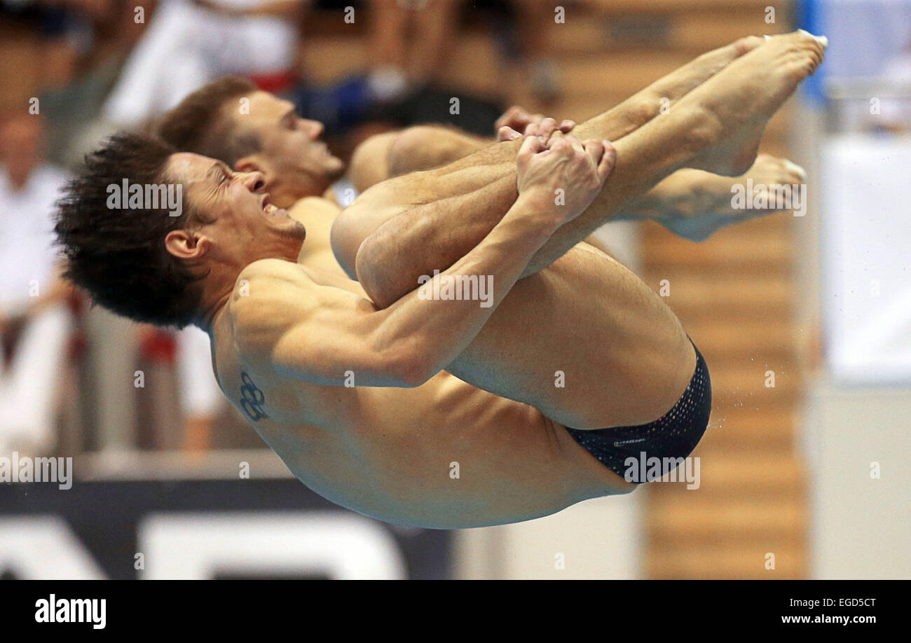 Alexandr Gorshkovosov and Illya Kvasha of Ukraine in action during the men's 3 metresynchronised diving event at the 60th international diving event in Rostock, Germany, 21 February 2015. Photo: Jens Buettner/dpa Stock Photo