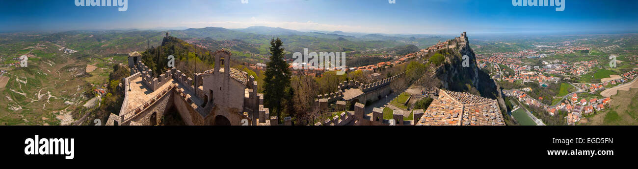360 degree panorama (diorama) view city and towers in Monte-Titano, San Marino Republic Stock Photo