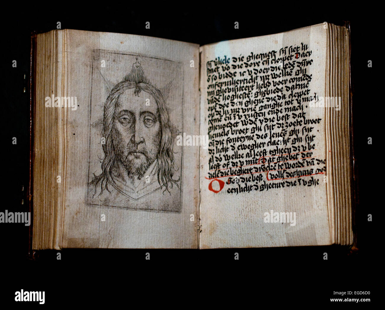 Face of Christ ( Little Bible -Book )  by Saint Augustine 1500  ( intended for dutch novices Augustinian Cloister )  Netherlands ( resembles version of Memling, Bouts, van der Weyden ? ) Stock Photo
