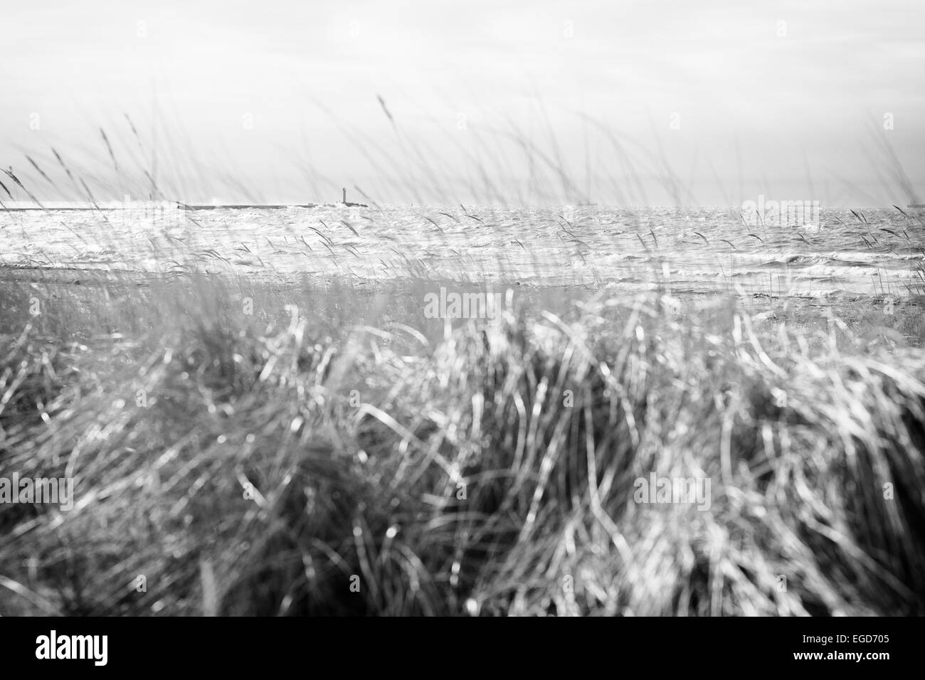 Storm on the Baltic Sea at the lighthouse with ships Stock Photo