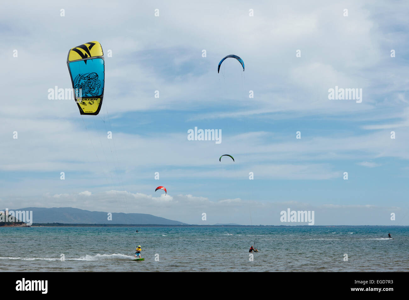 People kitesurfing, Golfo di Talamone, Mediterranean Sea, province of Grosseto, Tuscany, Italy, Europe Stock Photo