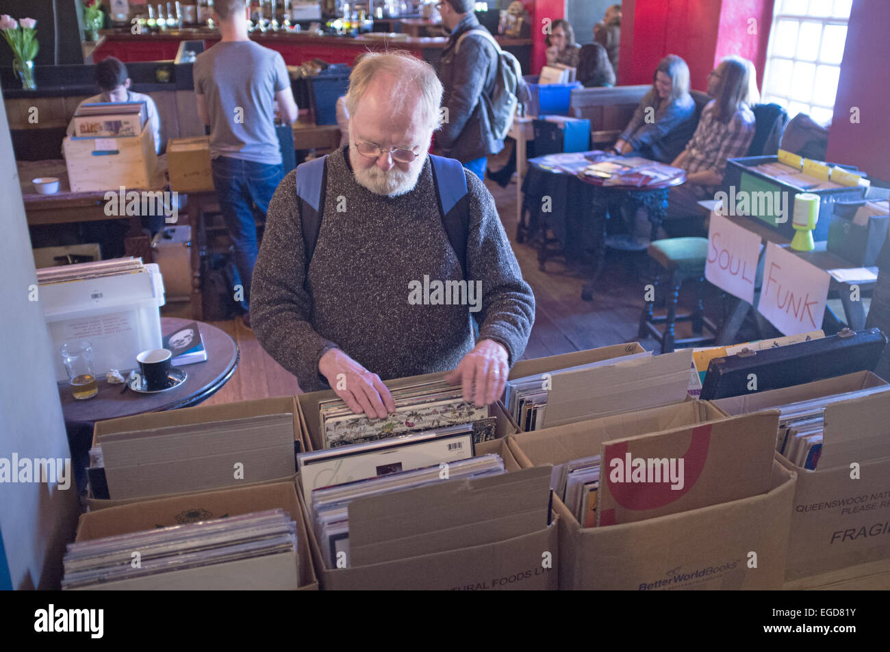 A record collector at a record fair Stock Photo
