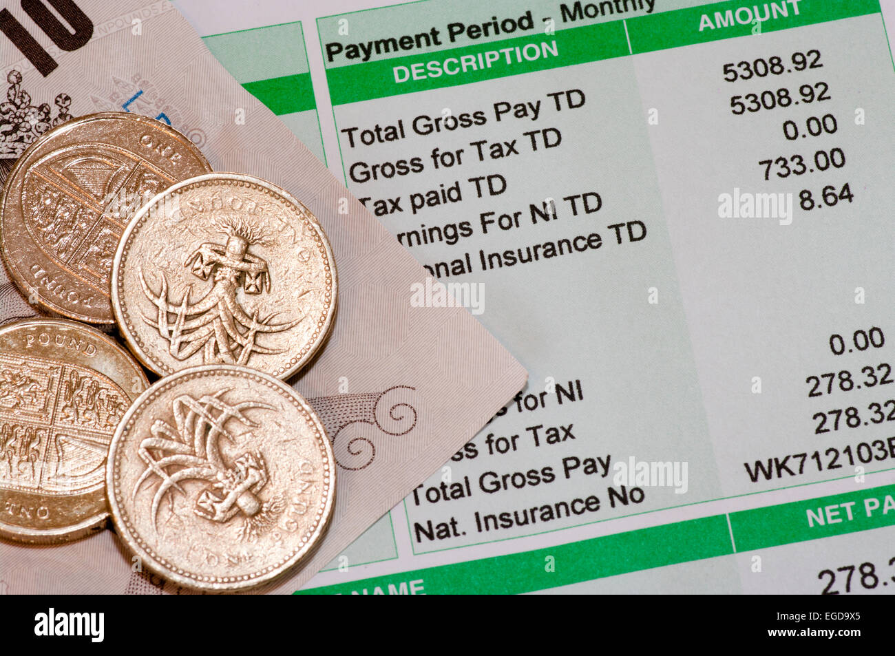 Payslip including Tax and National Insurance Details and National Insurance Number with UK Money On Stock Photo