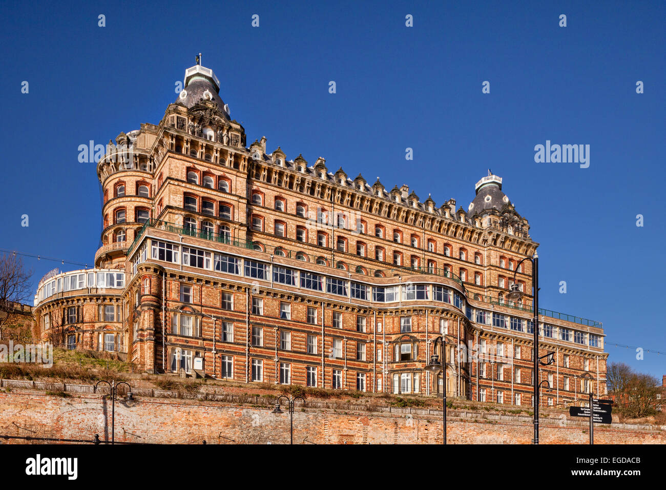 The Grand Hotel in Scarborough, North Yorkshire, on a sunny winter day. Completed in 1867, the hotel is a Grade II listed... Stock Photo