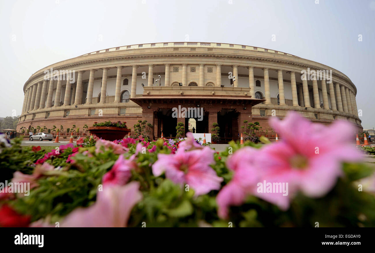 New Delhi. 23rd Feb, 2015. Photo taken on Feb. 23, 2015 shows the Indian Parliament in New Delhi, India. The Indian Parliament's crucial budget session began Monday, with President Pranab Mukherjee highlighting the government's priorities and Prime Minister Narendra Modi seeking cooperation of all political parties to get key pending legislations cleared. Credit:  Partha Sarkar/Xinhua/Alamy Live News Stock Photo