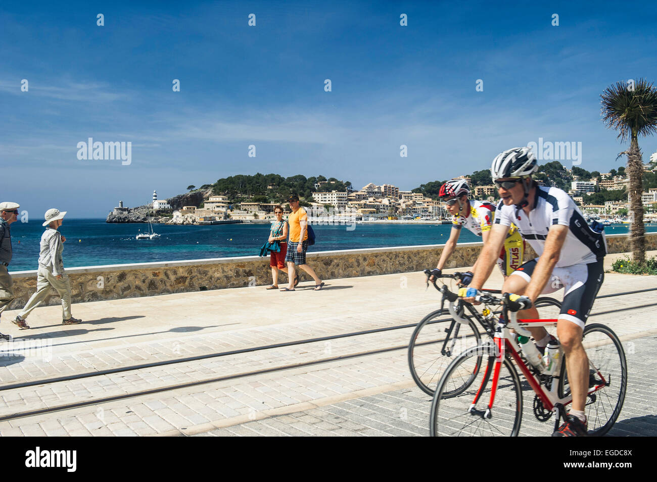 Cyclists on the promenade, Port de Soller, Soller, Majorca, Spain Stock Photo