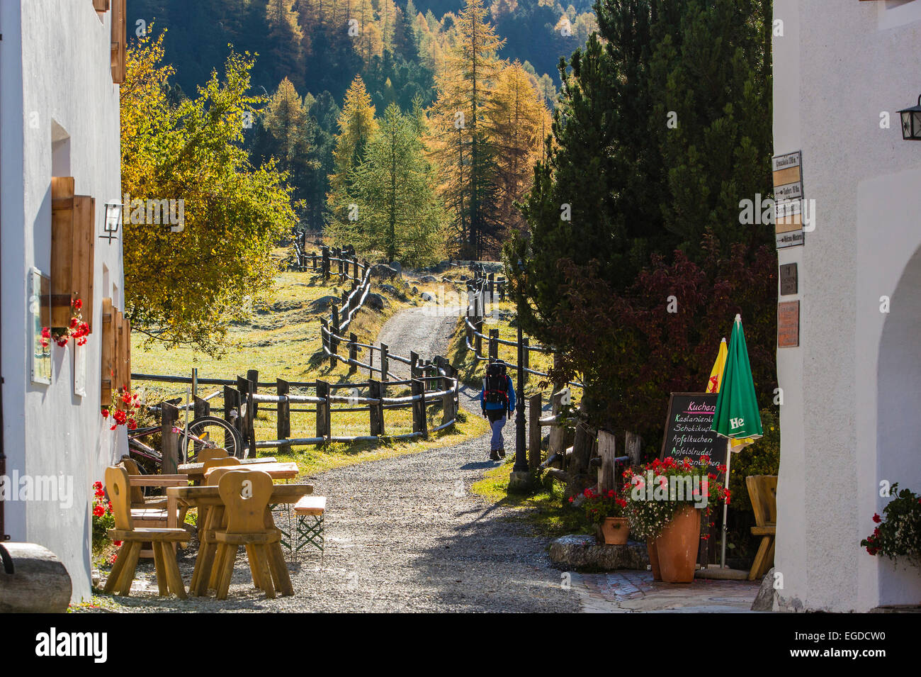 Path going out of the mountain village S-charl, Scuol, Engadin, Canton of Grisons, Siwtzerland Stock Photo