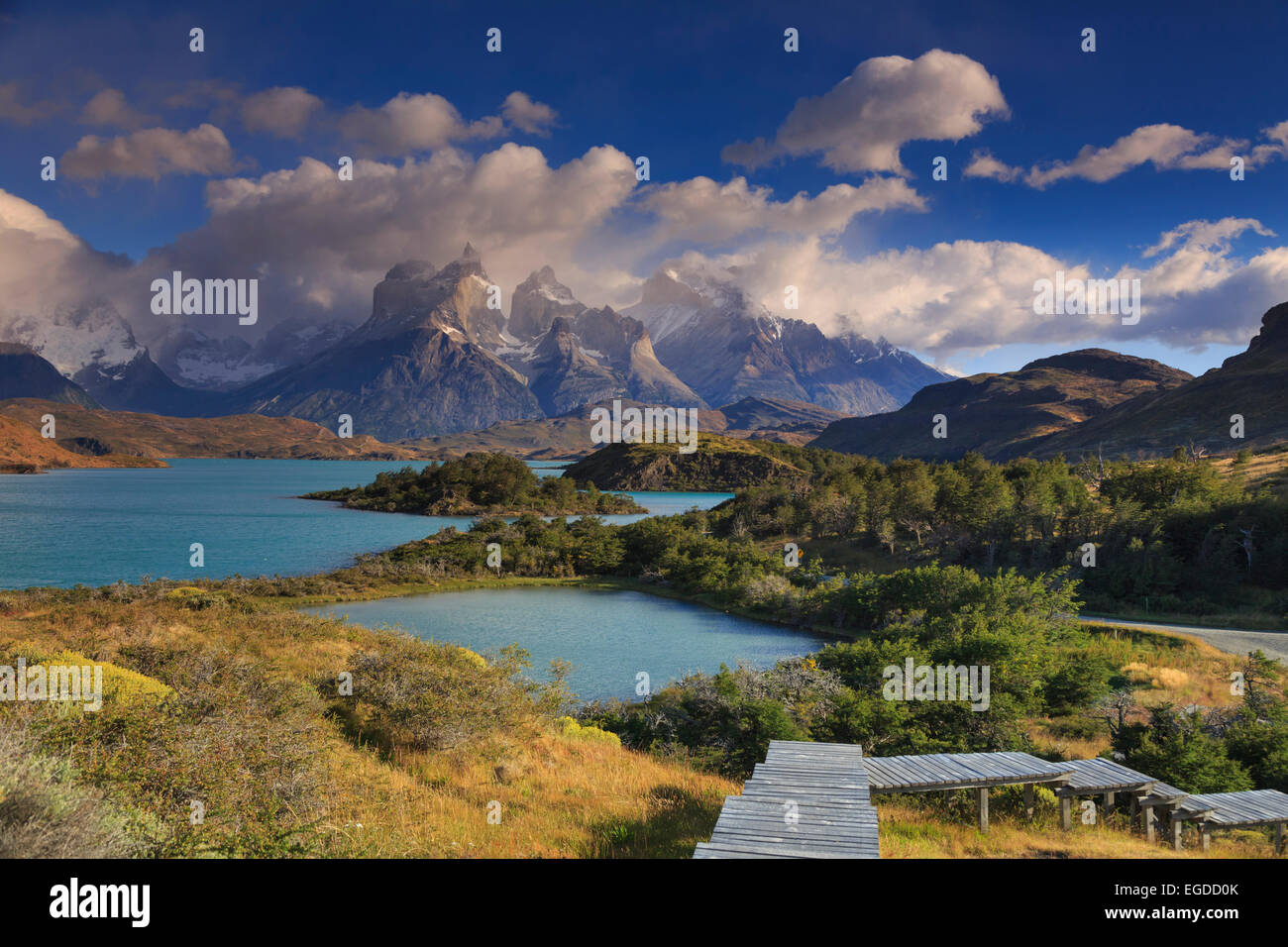 Chile, Patagonia, Torres del Paine National Park (UNESCO Site), Cuernos del Paine peaks and Lake Pehoe Stock Photo