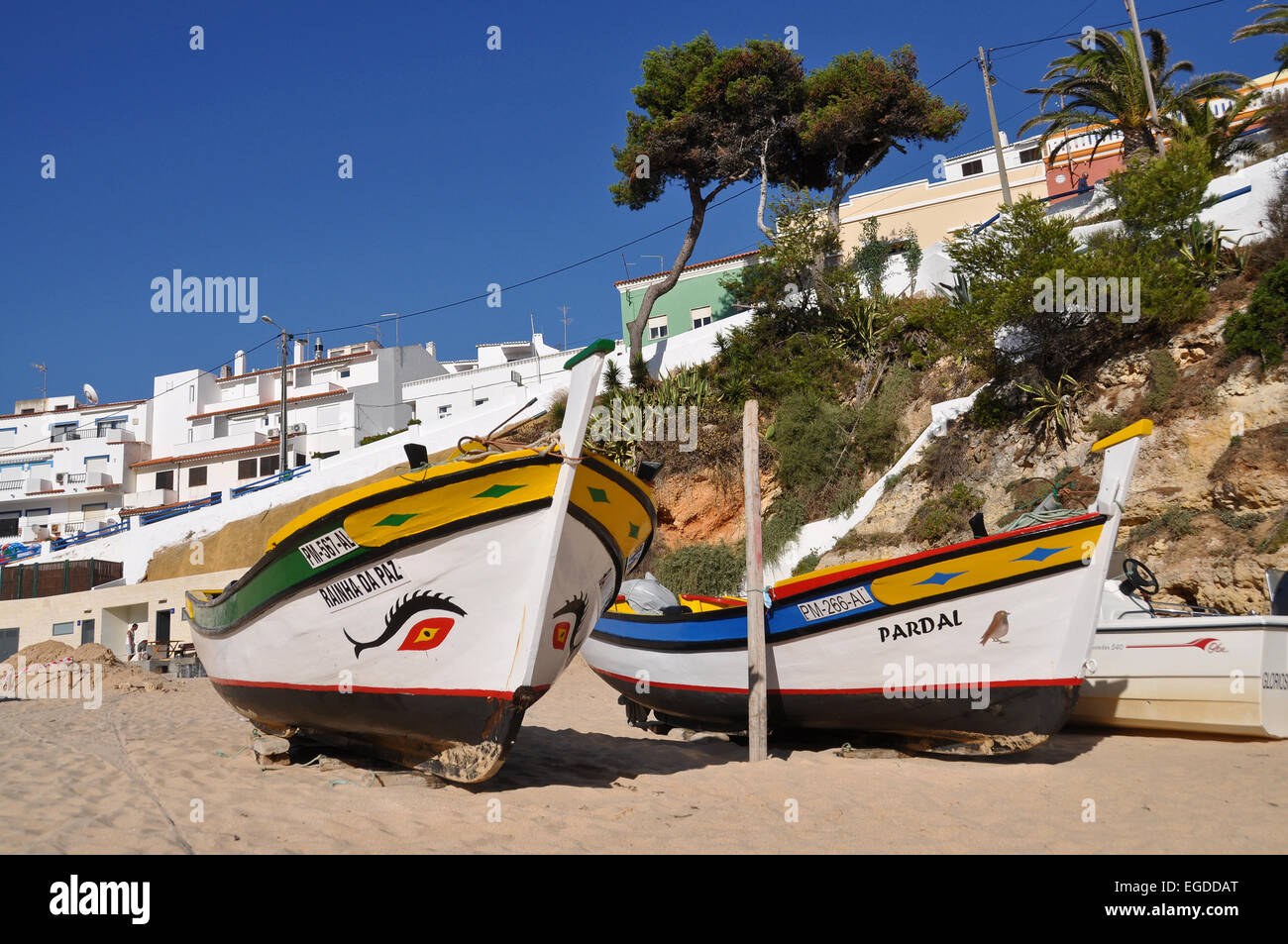 Traditional fishing boats on the beach of Carvoeiro, Algarve, Portugal Stock Photo