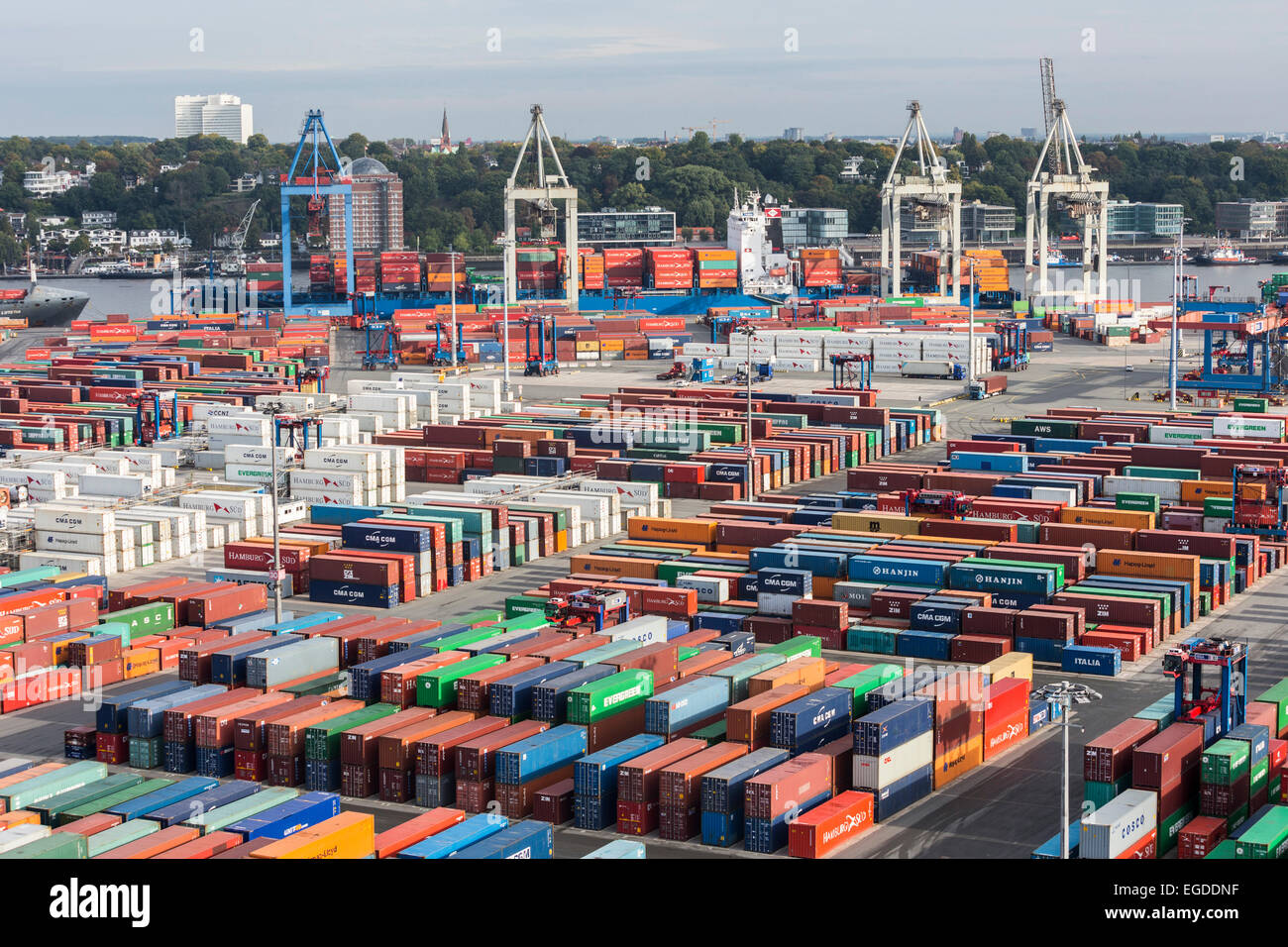 View of the block storage and the Container Terminal Burchardkai towards Hamburg, Hamburg, Germany Stock Photo